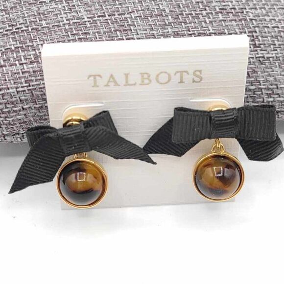 Talbots Faux Tortoise Round Drop Earrings with Black Bows NWT!  NEW! - Picture 1 of 6
